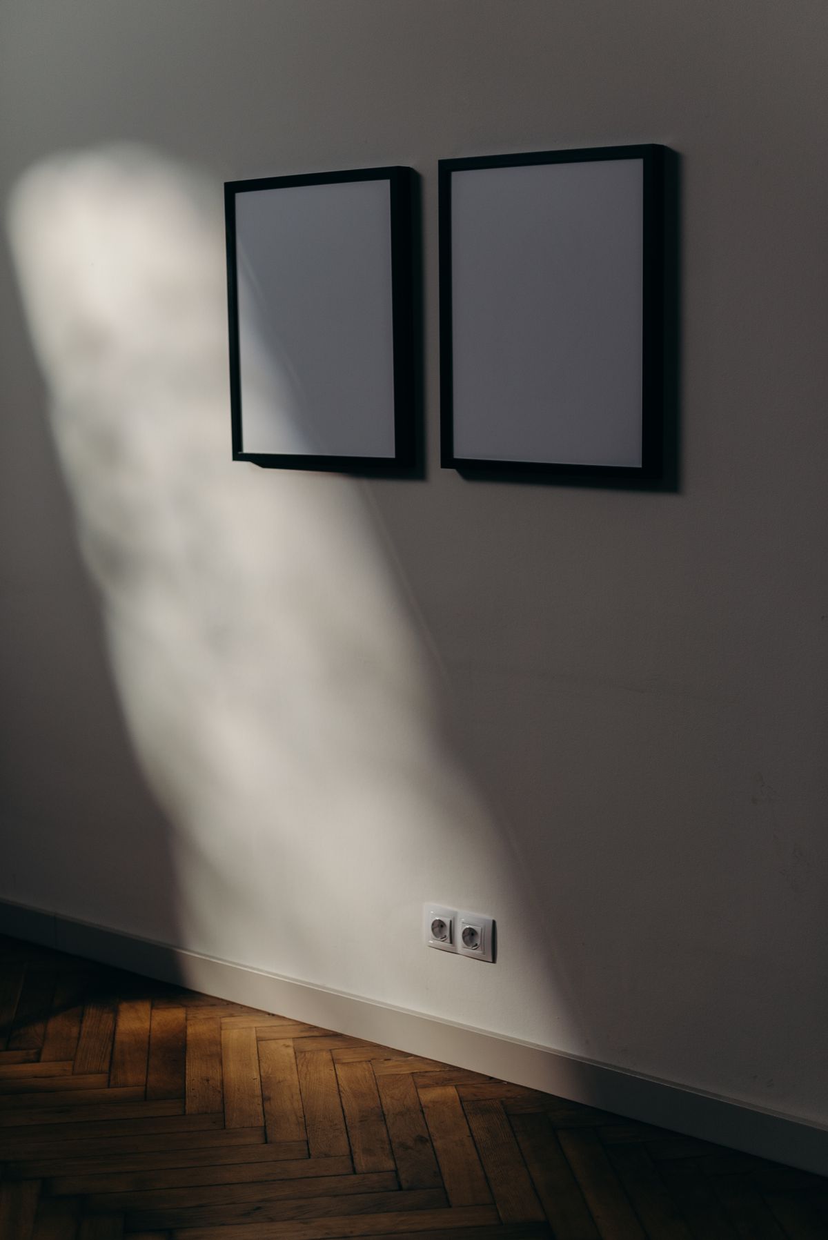 Two framed posters on a sunlit wall